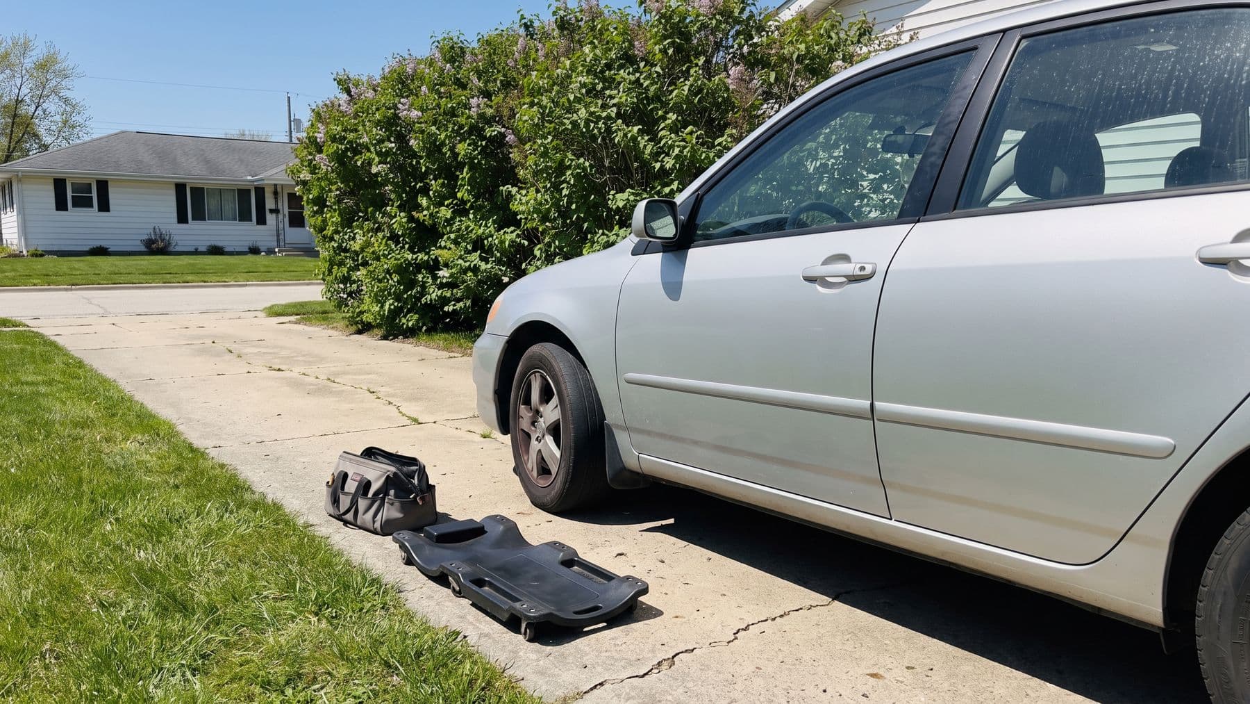 Illustration: a silver sedan on the side driveway of a white ranch house in Des Moines, a creeper and a tool bag by the front wheel.