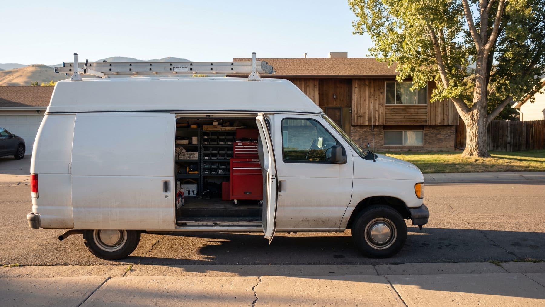 Illustration: a white high-roof cargo van with a ladder rack parked at the curb of a Fort Collins street, brown foothills on the horizon.