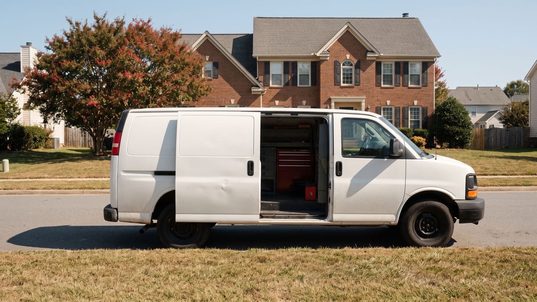 Illustration: a white cargo van parked at the curb of a brick colonial in suburban Charlotte, a crepe myrtle turning red.