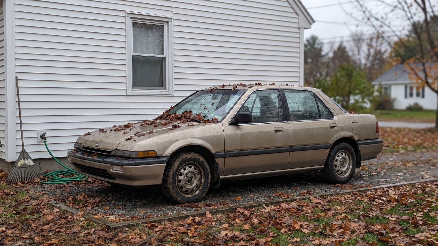 Illustration: an older tan sedan on a gravel pad beside a white clapboard house in Vermont, wet maple leaves on its hood.