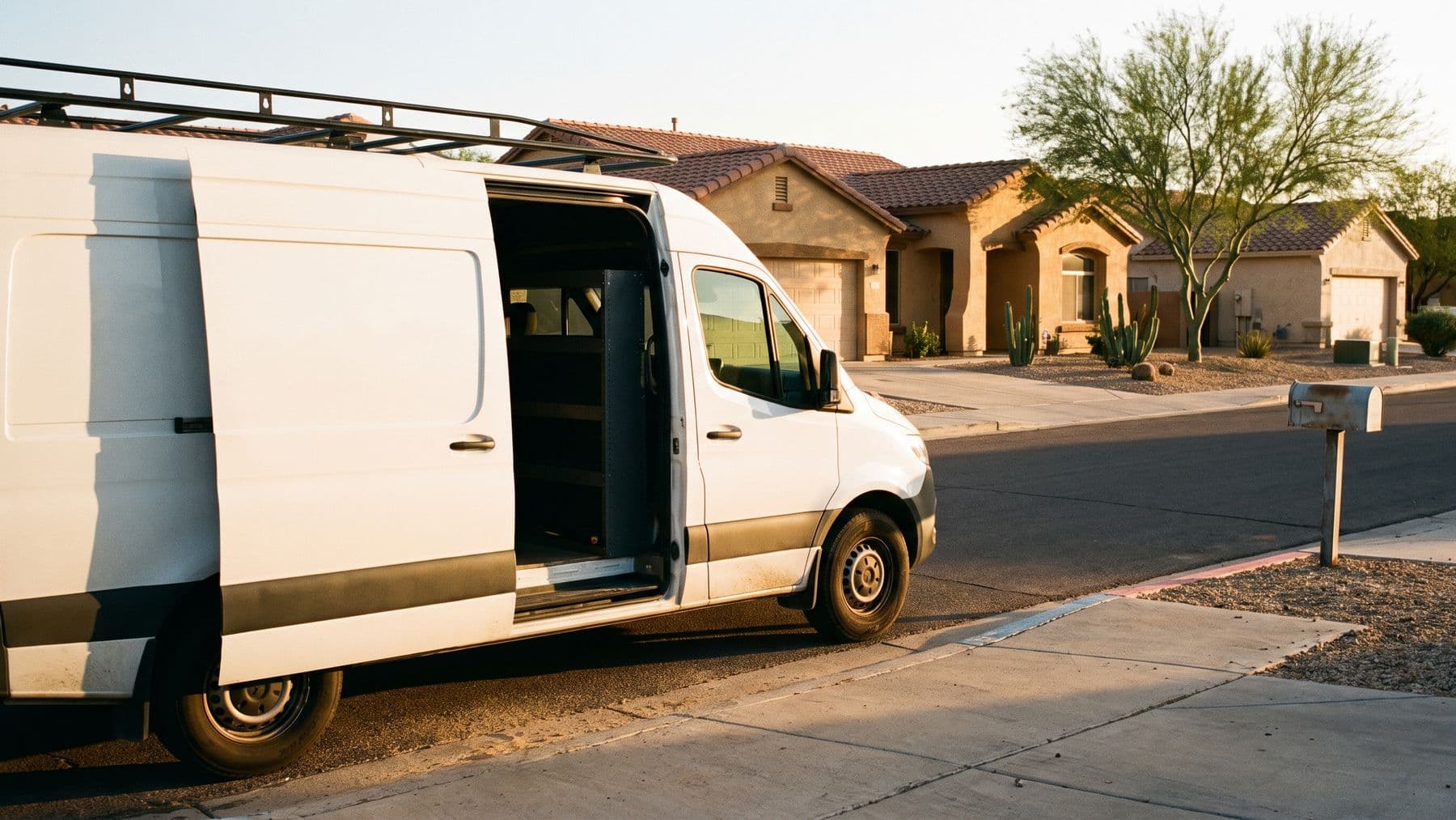 Illustration: a white high-roof cargo van with a ladder rack parked at the curb of a Phoenix street of stucco houses, low sun.
