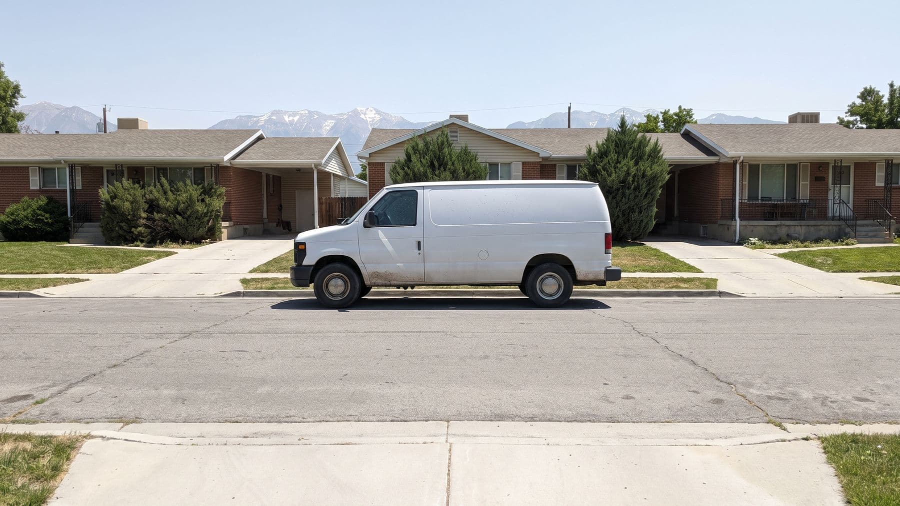 Illustration: a white cargo van parked at the far curb of a long straight street of ramblers in Sandy, Utah, the Wasatch peaks behind.