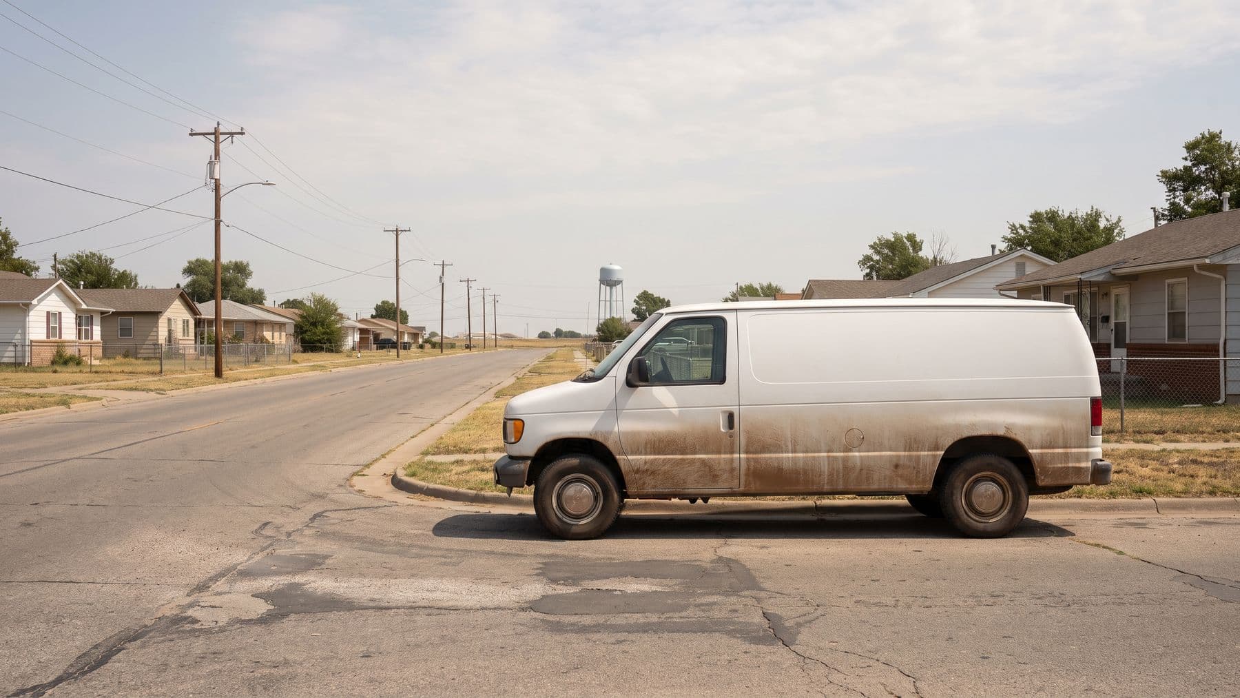 Illustration: a white cargo van parked at the curb of a long straight street on the edge of Wichita, utility poles running to a flat horizon.