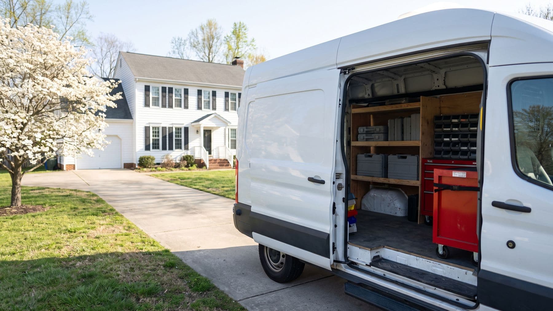 Illustration: a white high-roof cargo van in the long driveway of a white colonial in a Richmond, Virginia suburb, a dogwood in bloom.