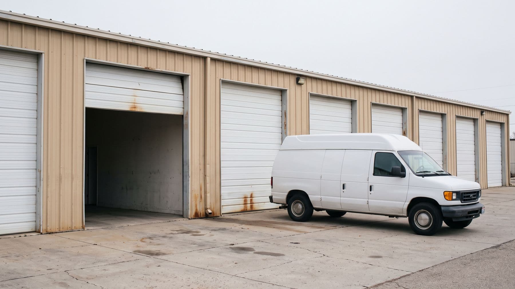 Illustration: a light-industrial strip on the edge of Boise with a row of white roll-up doors, one empty bay standing open.