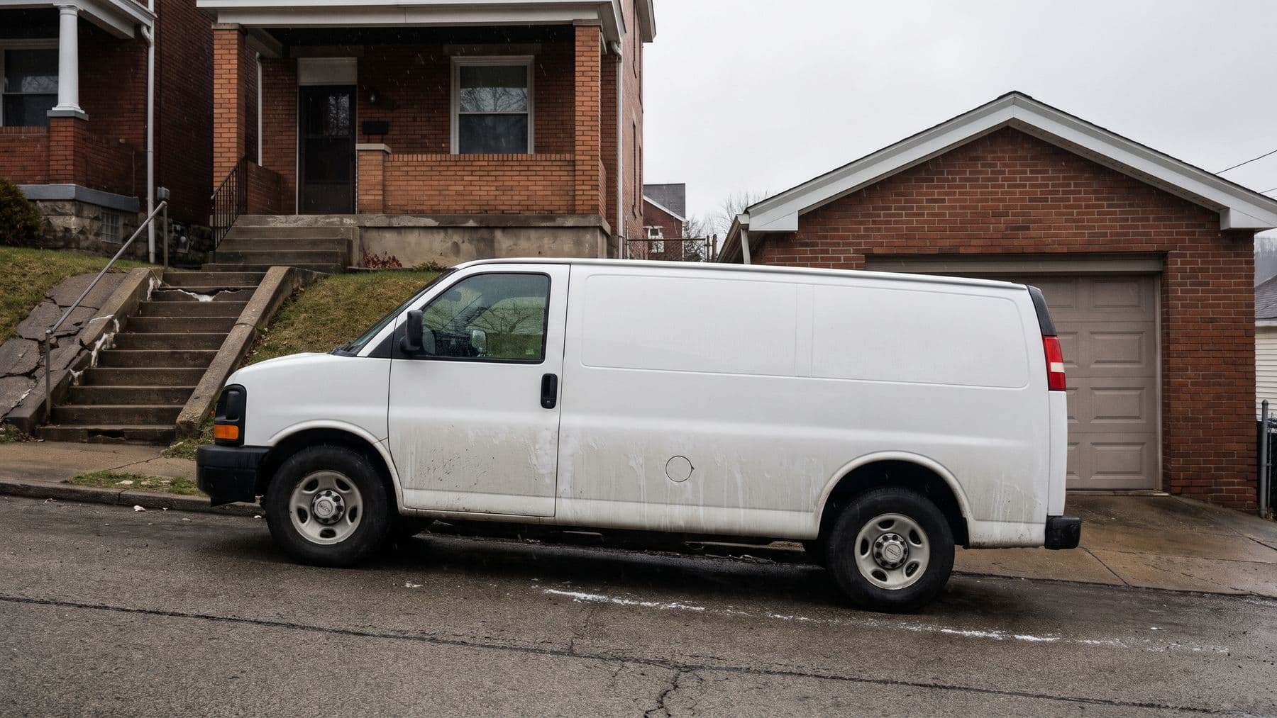 Illustration: a white cargo van parked at the curb below a narrow brick hillside house in Pittsburgh, a steep stair climbing to the porch.