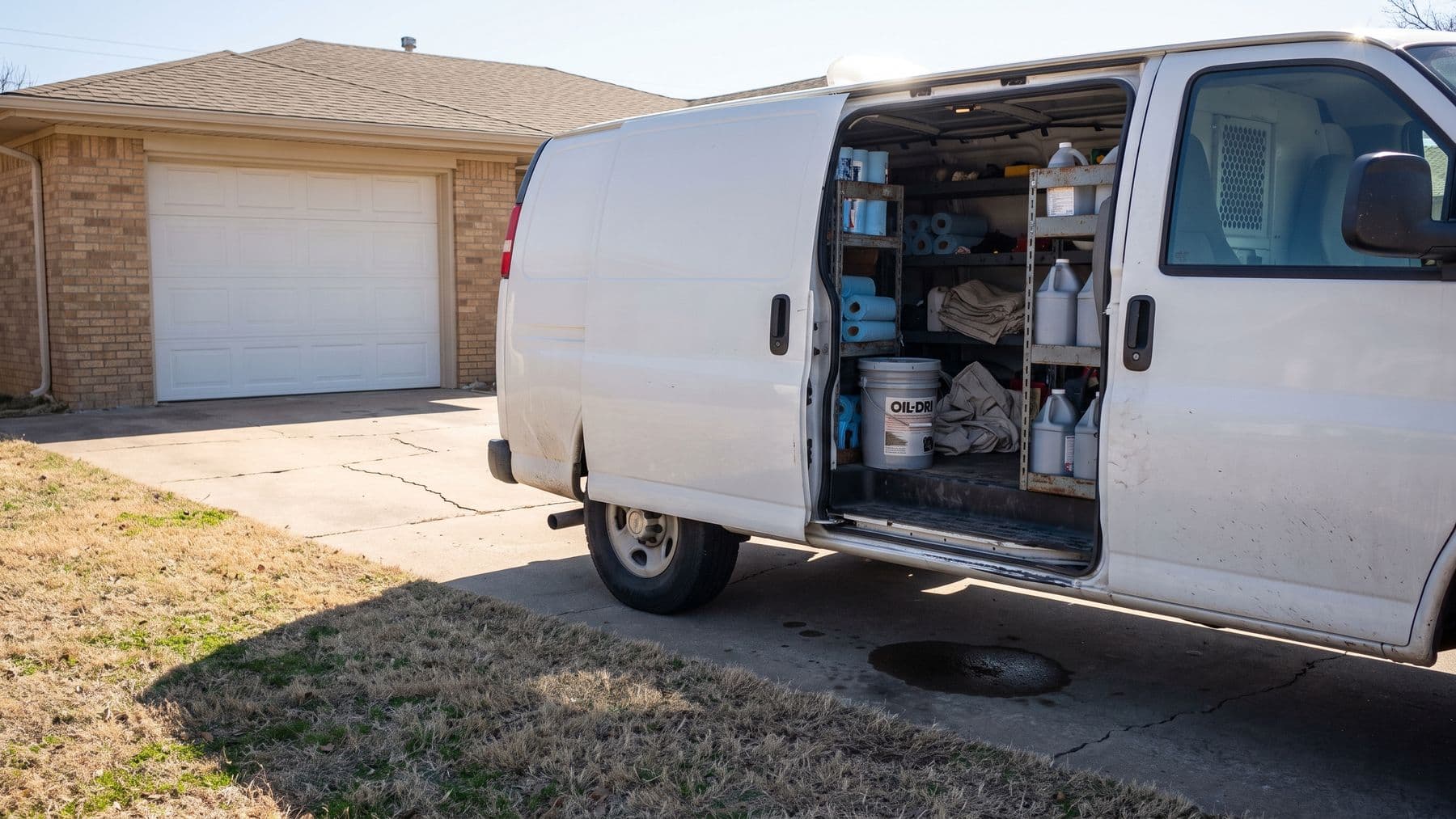 Illustration: a white cargo van parked nose-in on the driveway of a tan brick ranch in Tulsa, its sliding door open on shop supplies.