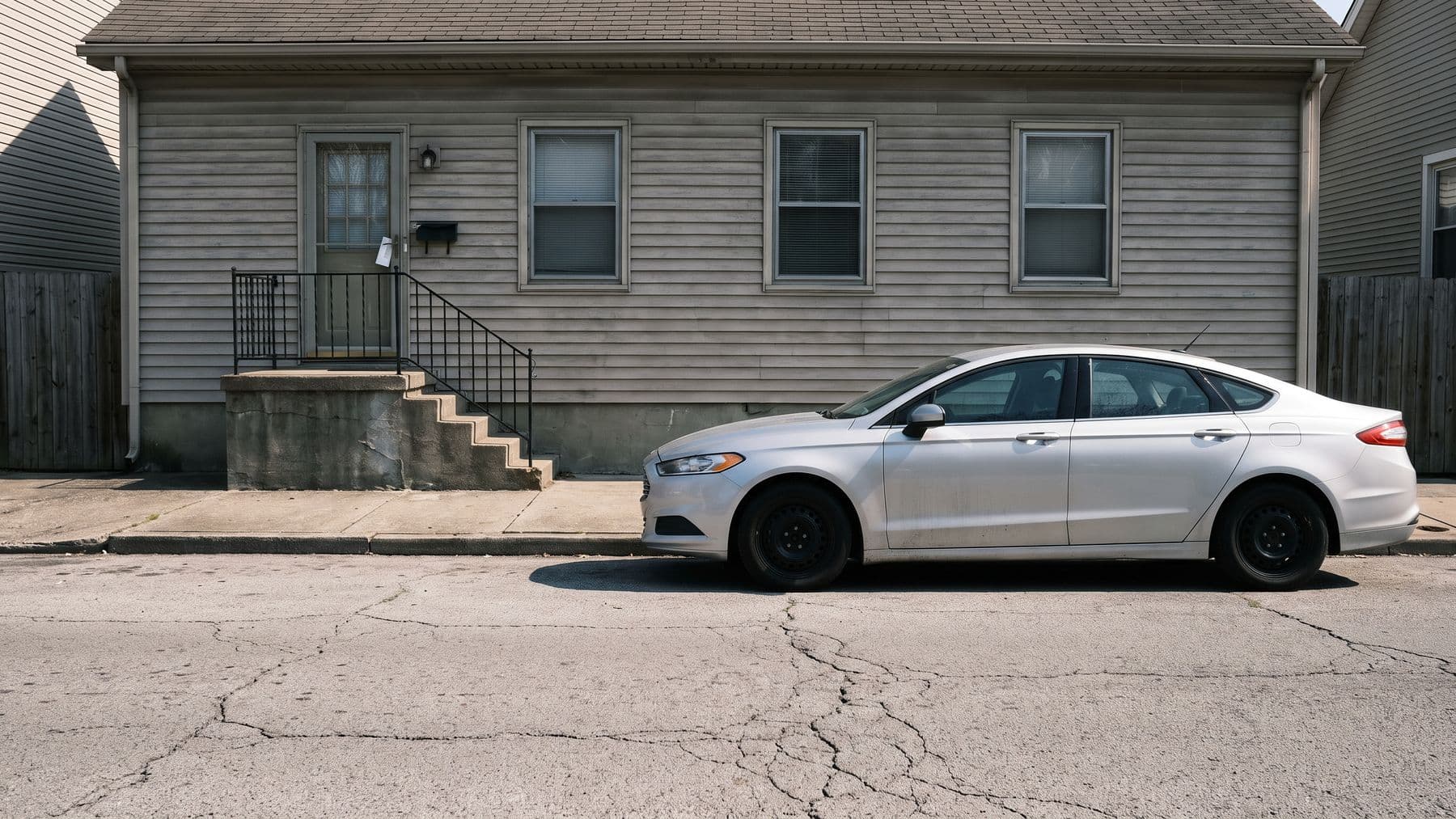Illustration: a silver sedan parked at the curb of a narrow shotgun house in Louisville, an envelope tucked in the storm-door handle.