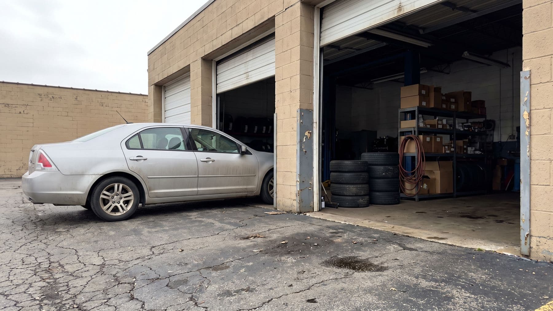 Illustration: a two-bay cinder-block garage outside Dayton, Ohio, both roll-up doors raised, a car half inside the middle bay.