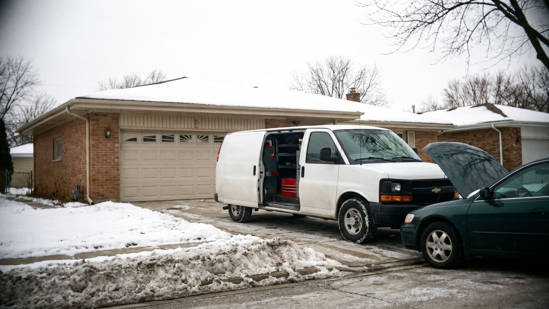 Illustration: a white cargo van with its sliding door open in the driveway of a brick ranch house in a Chicago suburb, plowed snow along the curb.