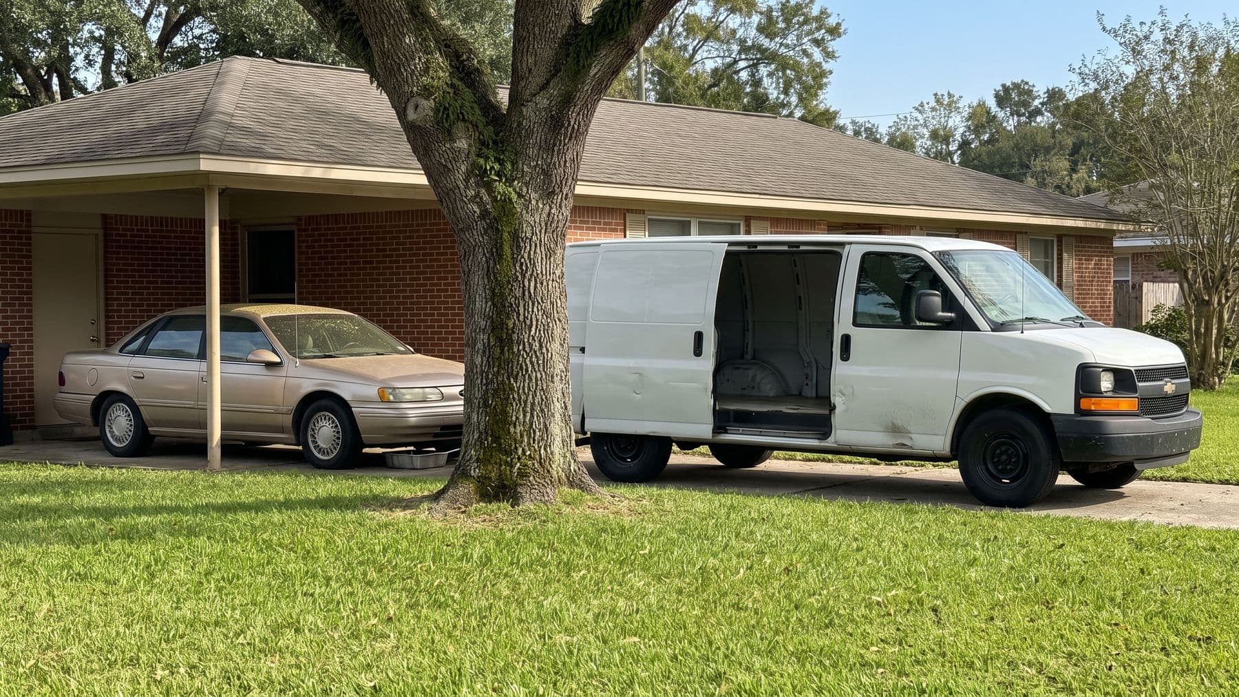 Illustration: a white cargo van with its sliding door open at the curb of a brick ranch in Baton Rouge, a live oak over the carport.