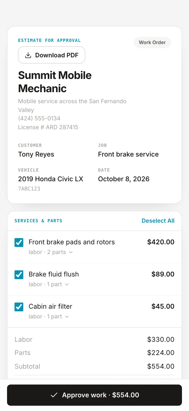 What the customer sees on their phone: the estimate for approval with three services ticked, front brakes, fluid flush and cabin filter, and an Approve work button with the total