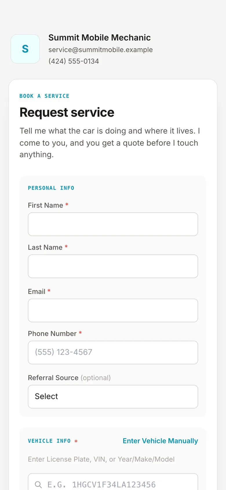 What the customer sees on their phone: the booking page of Summit Mobile Mechanic with the Request service form, name, phone, email and the vehicle