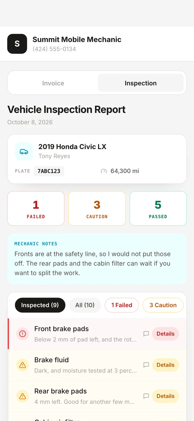 What the customer sees on their phone: the vehicle inspection report with 1 failed, 3 caution and 5 passed items, the mechanic notes and the front brake pads flagged first