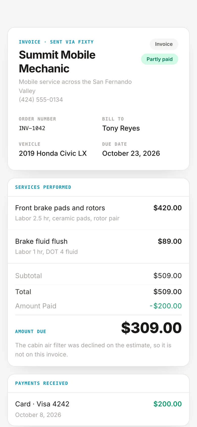 What the customer sees on their phone: the invoice from Summit Mobile Mechanic, two services performed, a deposit already paid and the amount due
