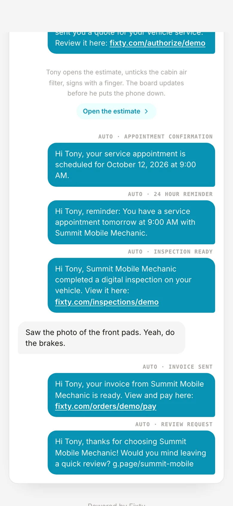 What the customer sees on their phone: the text thread with the shop, the appointment reminder, the inspection link, the invoice link and the automatic review request