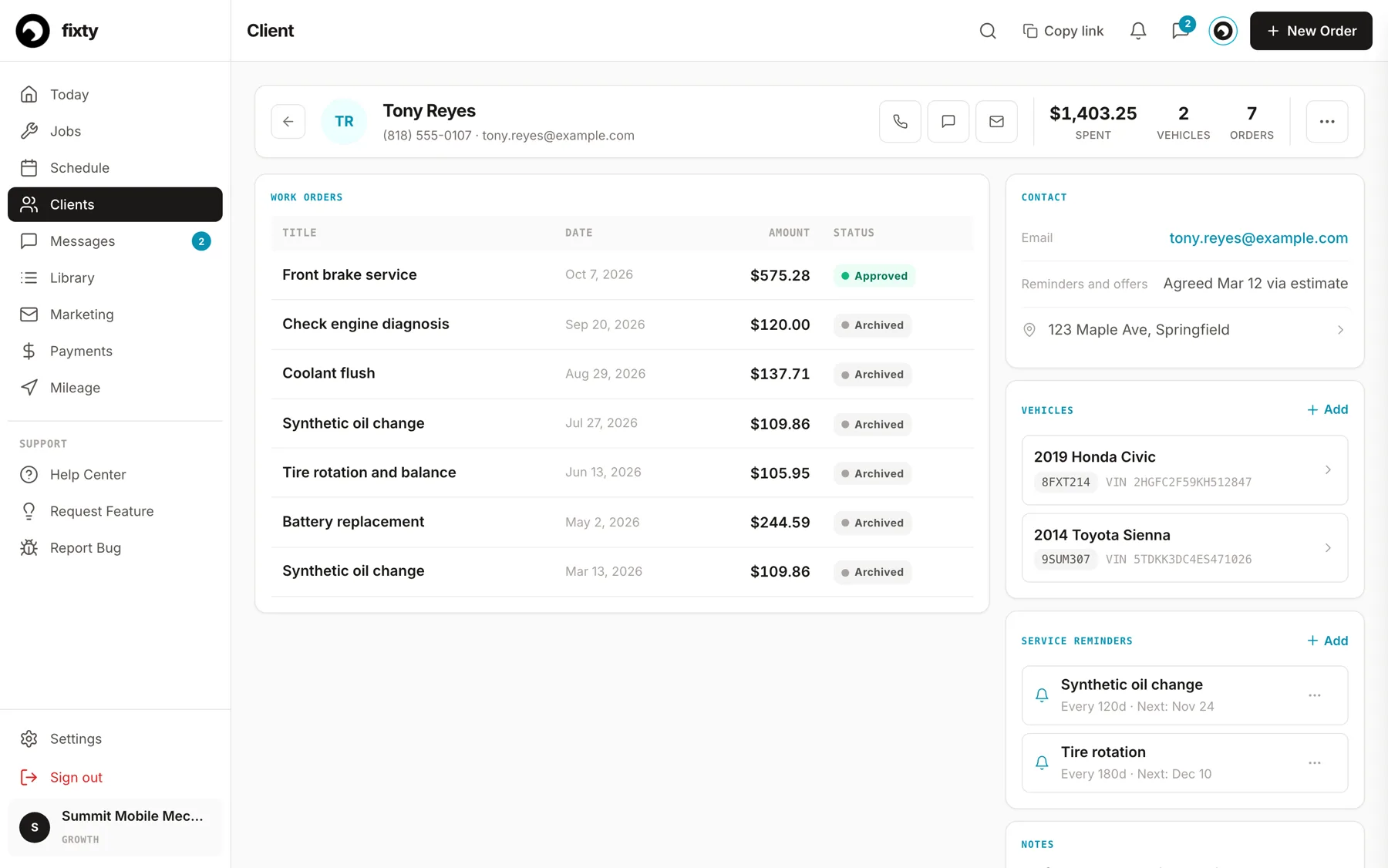 A Fixty client profile in a browser: Tony Reyes with total spent, seven work orders over the year, two vehicles with plates and VINs, and two service reminders