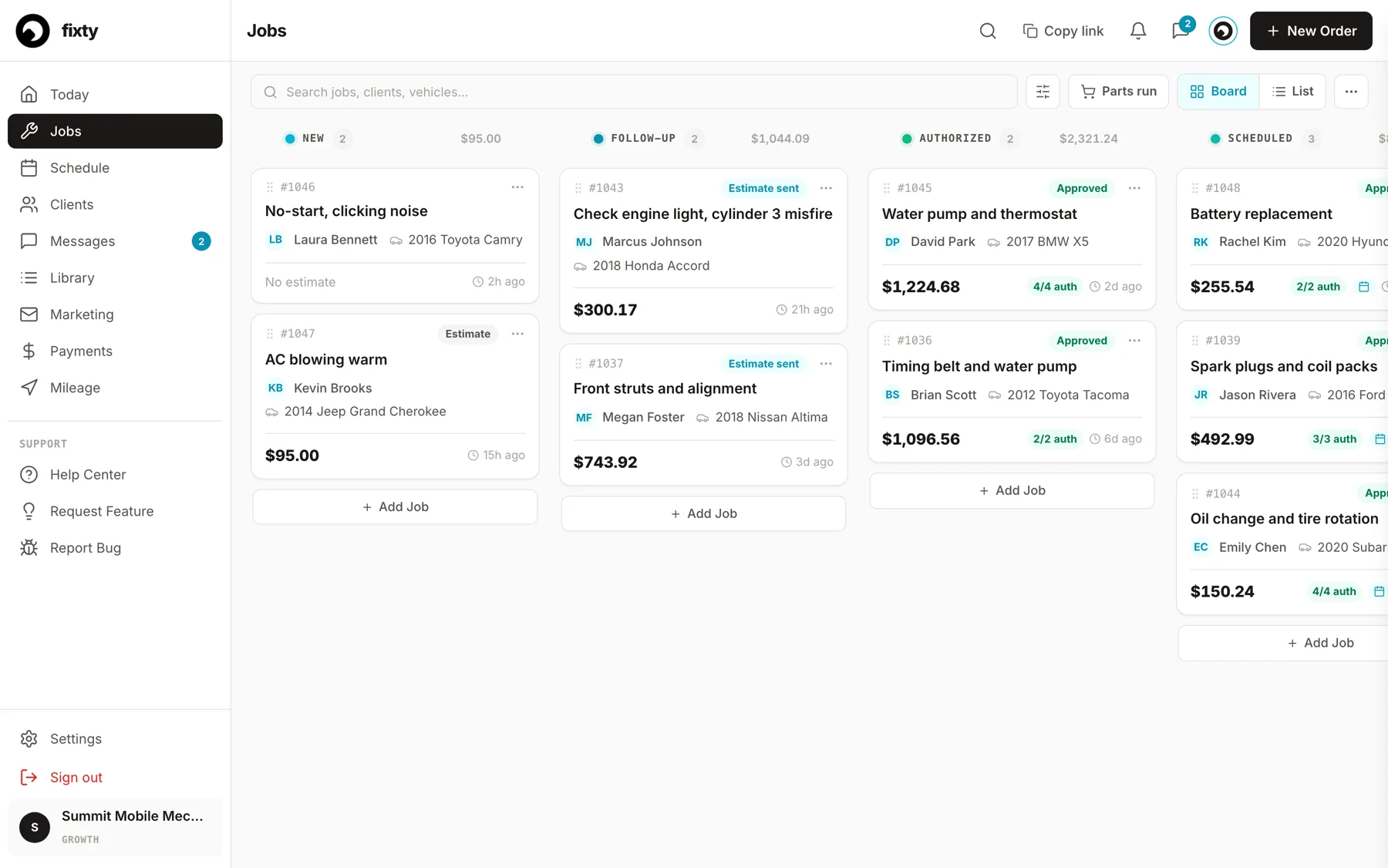 The Fixty jobs board in a browser: columns New, Follow-Up, Authorized and Scheduled, each job card with the customer, the car, the total and how many lines were authorized