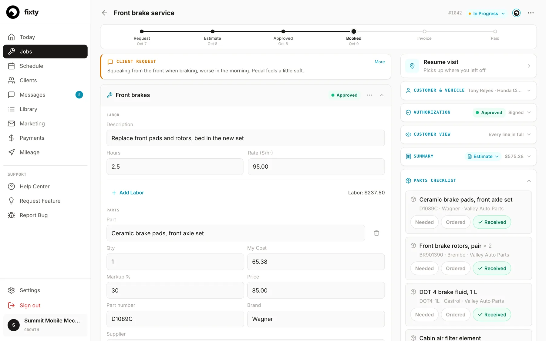 A Fixty work order in a browser: the customer request, the Front brakes service marked Approved with its labor and parts, and the parts checklist with every part received