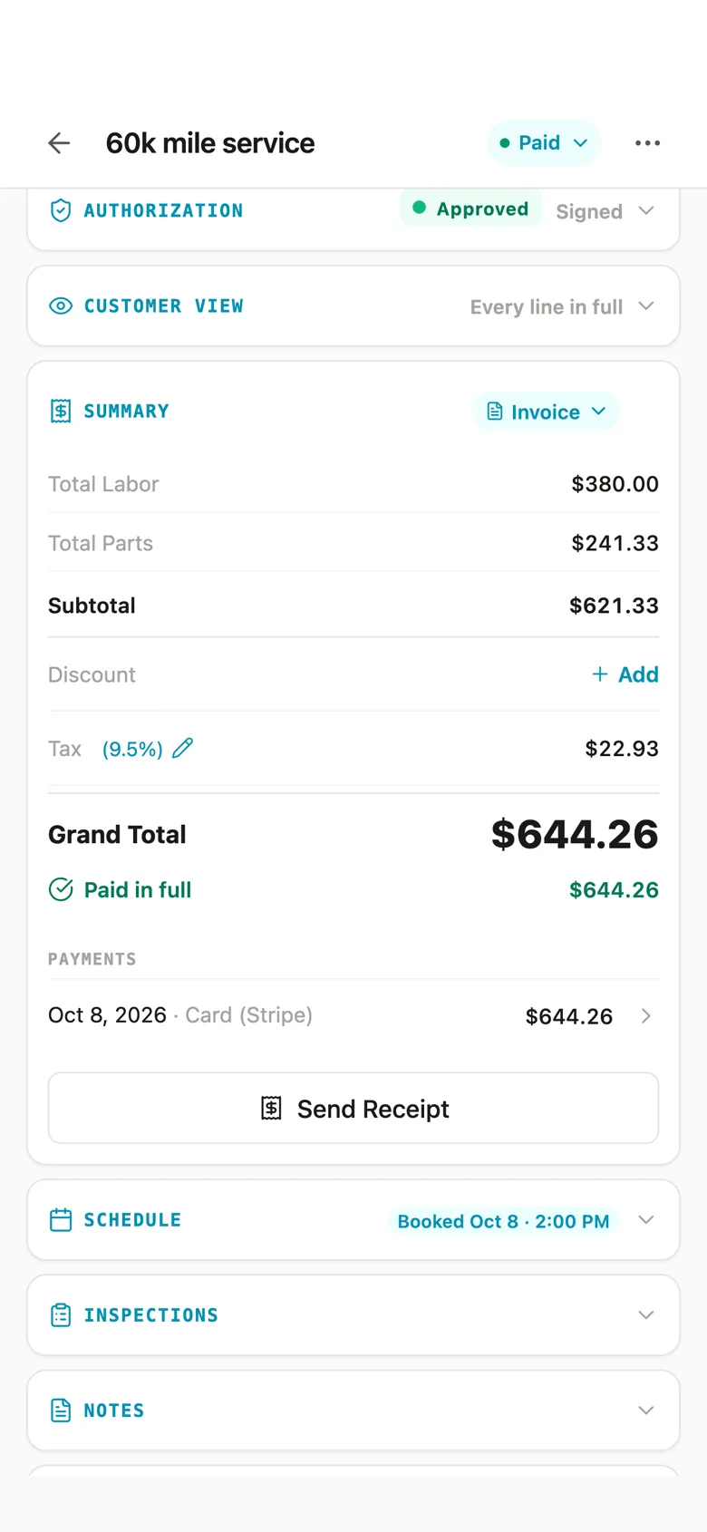 The Fixty iPhone app, a work order marked Paid: the summary with the grand total, Paid in full, the card payment and a Send Receipt button