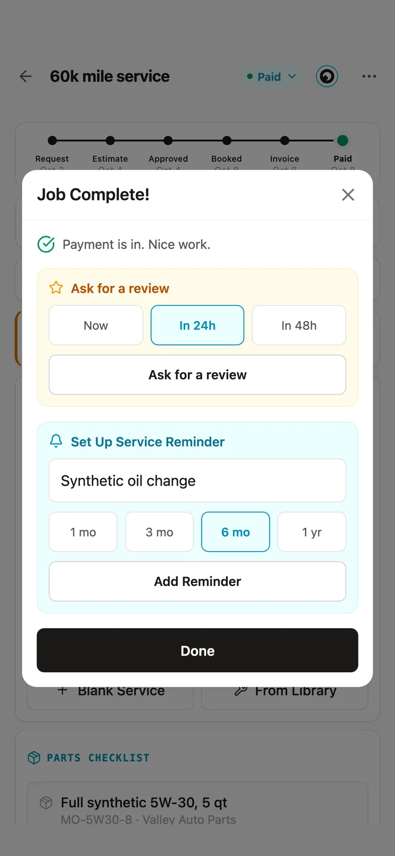 The Fixty iPhone app, the Job Complete sheet after payment: ask for a review now, in 24 hours or in 48 hours, and set up a service reminder for 6 months out