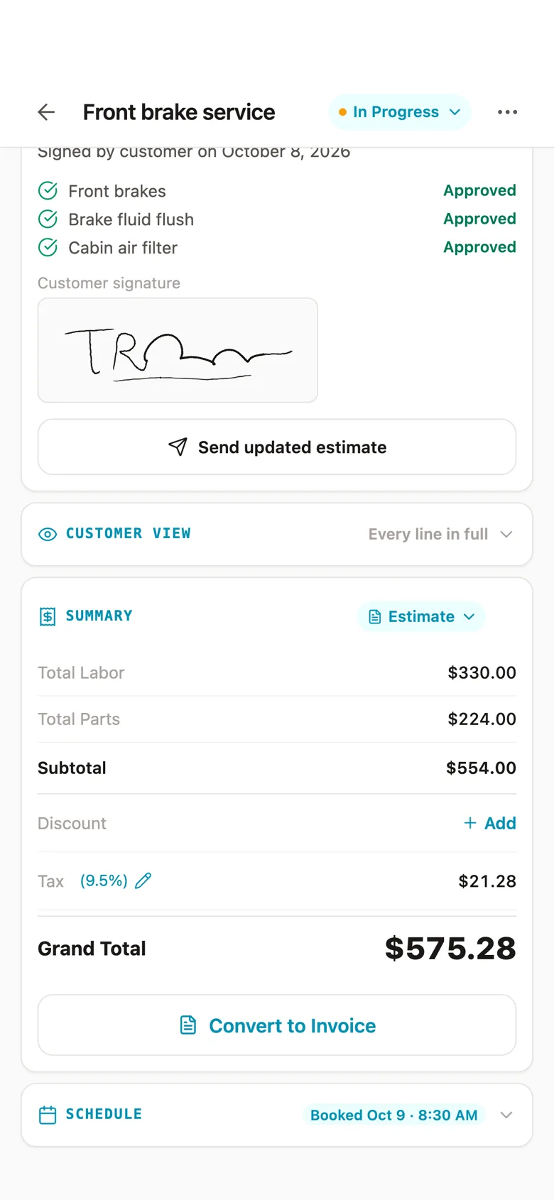 The Fixty iPhone app, a work order: the authorization approved and signed by the customer, three lines approved, the drawn signature and the estimate summary