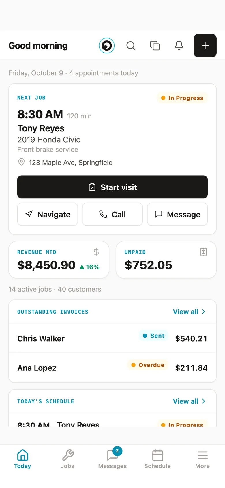 The Fixty iPhone app, Today: the next job with Start visit, Navigate, Call and Message, revenue this month, unpaid invoices and the day schedule