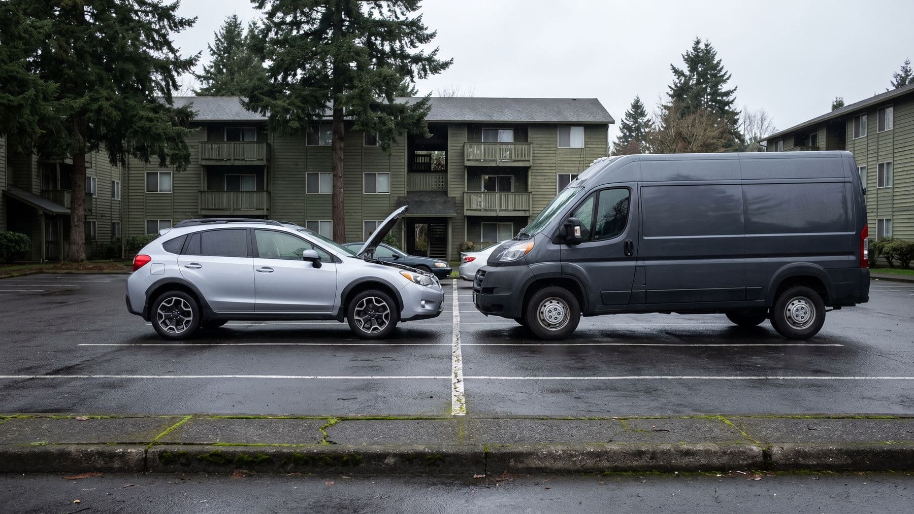 Illustration: a silver compact SUV with its hood raised in the end stall of an apartment parking lot in Portland, wet asphalt and firs behind.