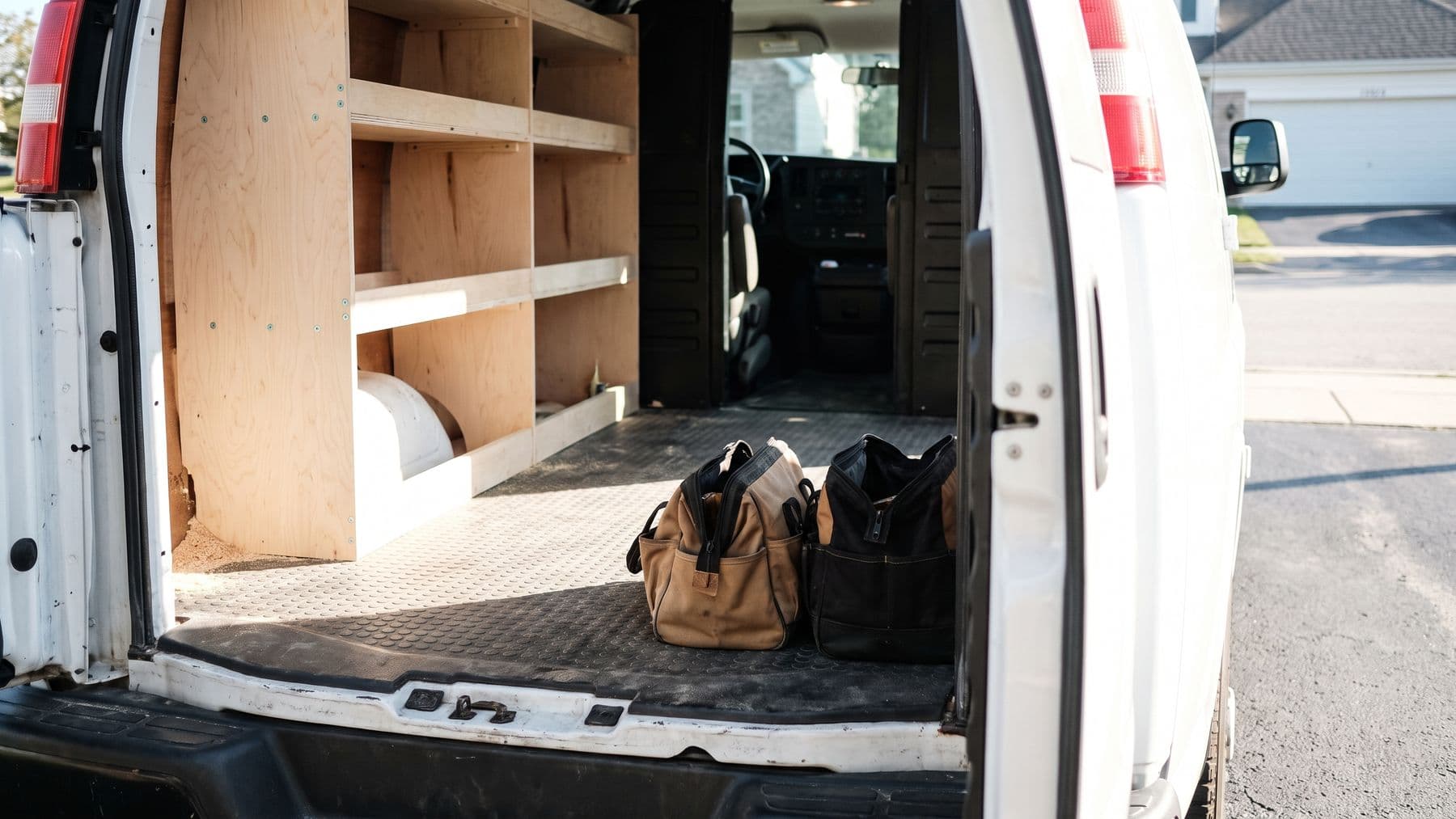 Illustration: the empty cargo area of a white van seen through its open rear doors, fresh plywood shelving and two canvas tool bags.
