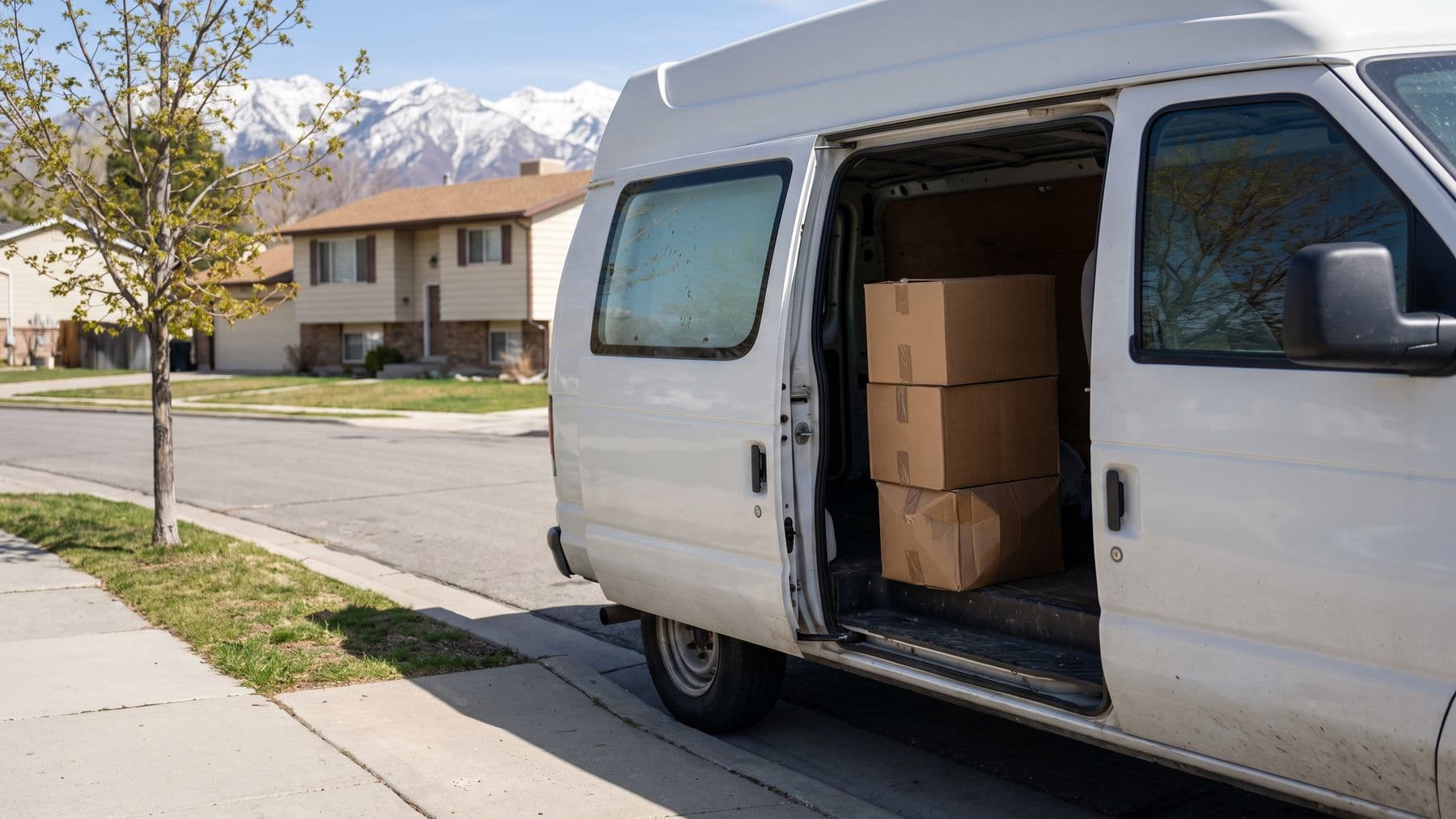 Illustration: a white high-roof cargo van at the curb of a split-level house in Salt Lake City, boxes visible through its open door, the Wasatch range behind.