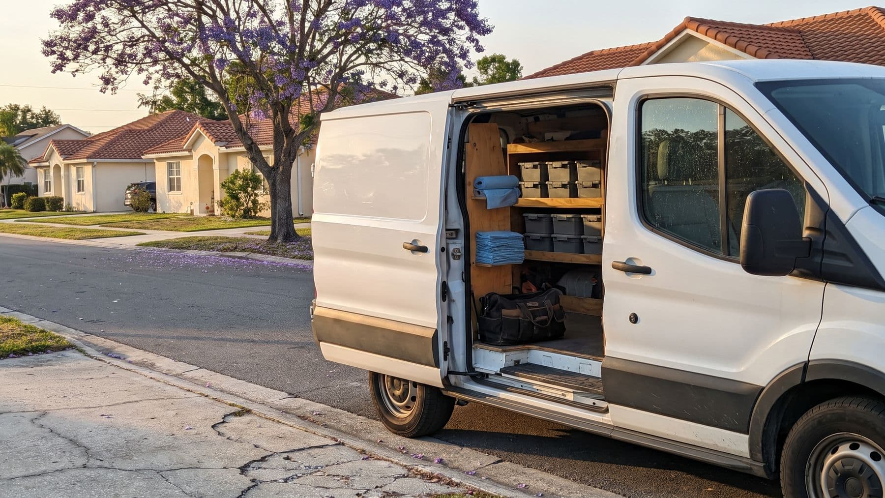 Illustration: a white cargo van at the curb of a Tampa street of stucco houses, its sliding door open, jacaranda petals on the asphalt.