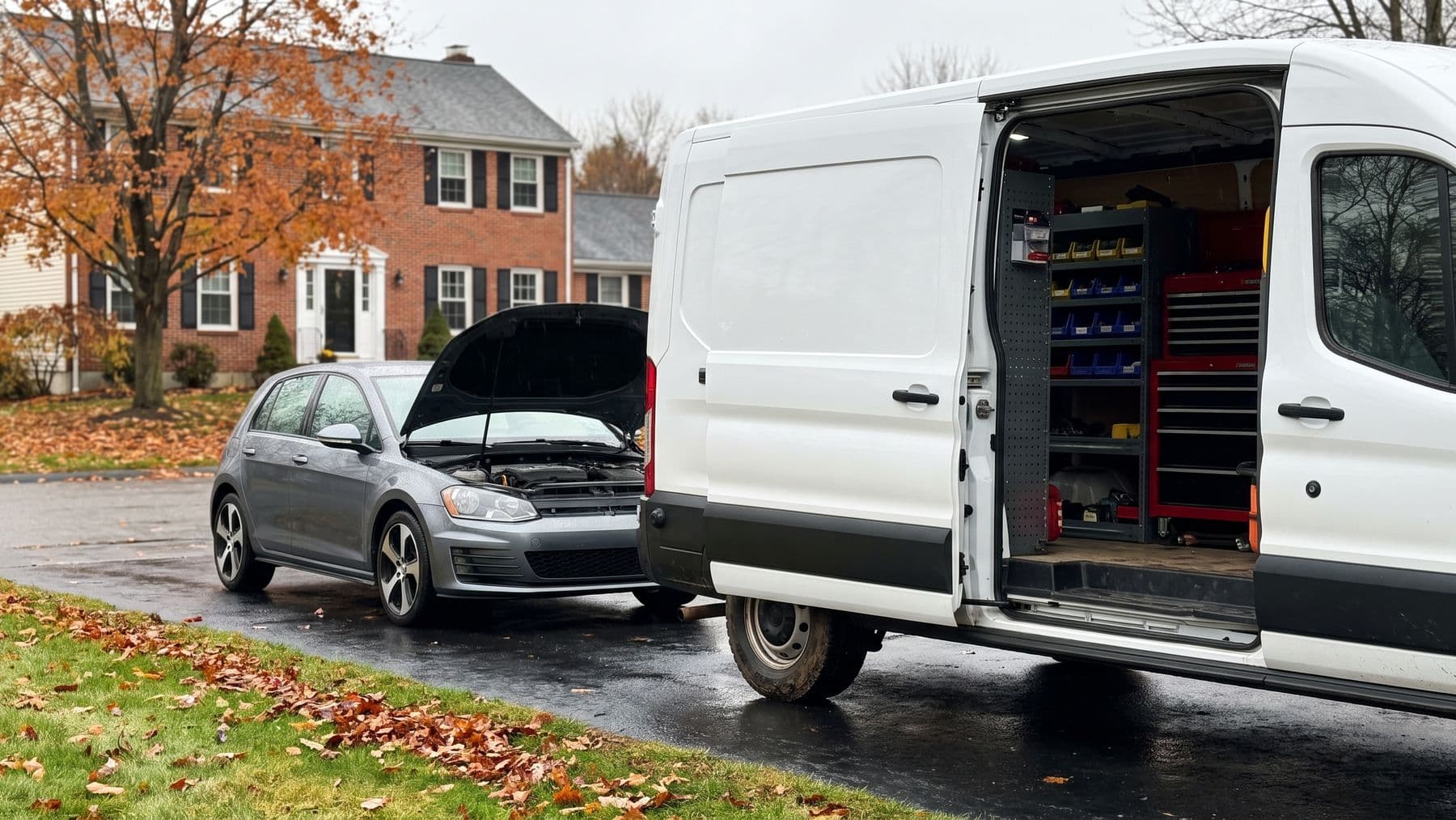 Illustration: a white cargo van nose-in on the driveway of a brick colonial in a Massachusetts suburb, a sugar maple turning orange.